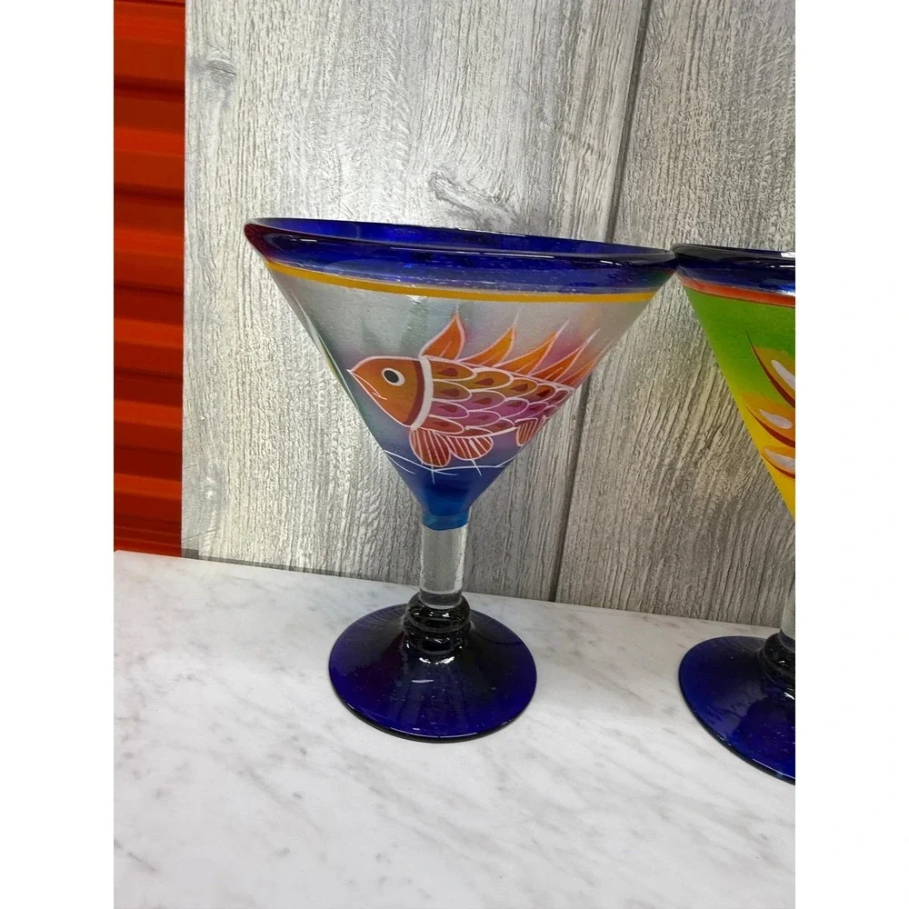 Set of 4 Hand Painted Mexican Martini Glasses Cozumel Cobalt Blue Rim 7in